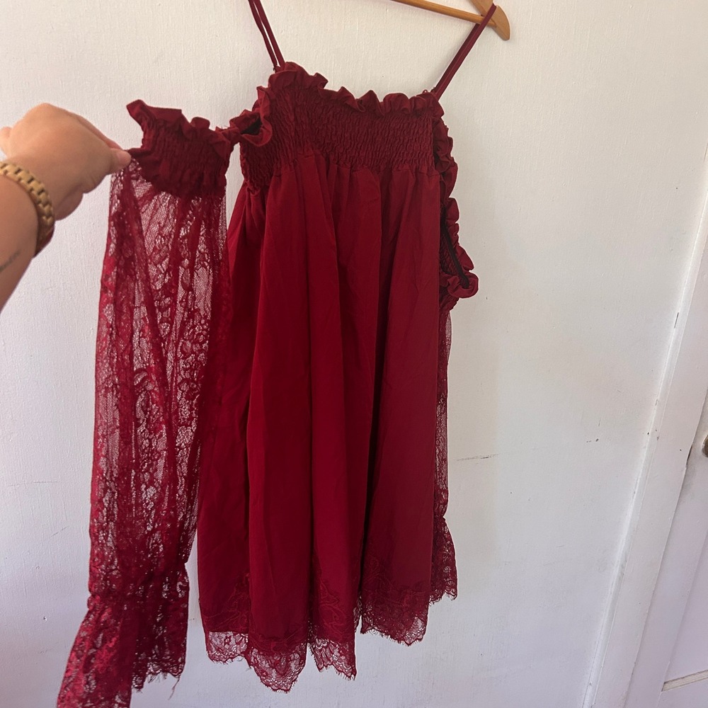 Renaissance Lace Sleeve Mini Dress Size 1X Red Smocked Gothic Romantic Eduardian